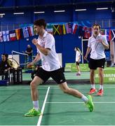 7 December 2017; Joshua Magee and Sam Magee of Ireland celebrate a point against Mikkel Stofferson of Denmark and Wong Fai Yin of Malaysia during their Badminton Irish Open Male Doubles quarter-final match at the National Indoor Arena in Abbotstown, Dublin. Photo by David Fitzgerald/Sportsfile