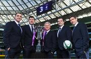 8 December 2017; TV3 announced it's presentation team and panel for it's coverage of the NatWest Six Nations 2018. The presentation team will be anchored by Joe Molloy. TV3’s panellists will include Ronan O’Gara, Shane Horgan, Shane Jennings and Matt Williams. Alan Quinlan will join Dave McIntyre as part of the commentary team. TV3 holds the exclusive rights to the NatWest Six Nations for the next four years. At a launch event held in the Aviva Stadium when TV3 introduced the presentation team and panel for its exclusive coverage of the NatWest Six Nations 2018, are from left, Alan Quinlan, Shane Horgan, Matt Williams, Shane Jennings and Ronan O'Gara. Photo by Brendan Moran/Sportsfile