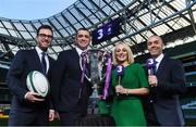 8 December 2017; TV3 announced it's presentation team and panel for it's coverage of the NatWest Six Nations 2018. The presentation team will be anchored by Joe Molloy. TV3’s panellists will include Ronan O’Gara, Shane Horgan, Shane Jennings and Matt Williams. Alan Quinlan will join Dave McIntyre as part of the commentary team. TV3 holds the exclusive rights to the NatWest Six Nations for the next four years. At a launch event held in the Aviva Stadium when TV3 introduced the presentation team and panel for its exclusive coverage of the NatWest Six Nations 2018, are from left, presenter Joe Molloy, co-commentator Alan Quinlan, sideline reporter Sinead Kissane and commentator Dave McIntyre. Photo by Brendan Moran/Sportsfile