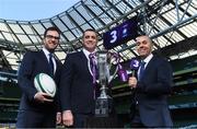 8 December 2017; TV3 announced it's presentation team and panel for it's coverage of the NatWest Six Nations 2018. The presentation team will be anchored by Joe Molloy. TV3’s panellists will include Ronan O’Gara, Shane Horgan, Shane Jennings and Matt Williams. Alan Quinlan will join Dave McIntyre as part of the commentary team. TV3 holds the exclusive rights to the NatWest Six Nations for the next four years. At a launch event held in the Aviva Stadium when TV3 introduced the presentation team and panel for its exclusive coverage of the NatWest Six Nations 2018, are from left, presenter Joe Molloy, co-commentator Alan Quinlan and commentator Dave McIntyre. Photo by Brendan Moran/Sportsfile