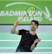 8 December 2017; Joshua Magee of Ireland in action against Alexander Dunn and Adam Hall of Scotland during men's doubles final at the Badminton Irish Open finals in the National Indoor Arena in Dublin. Photo by Eóin Noonan/Sportsfile