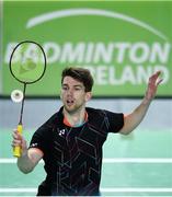 8 December 2017; Joshua Magee of Ireland in action against Alexander Dunn and Adam Hall of Scotland during men's doubles final at the Badminton Irish Open finals in the National Indoor Arena in Dublin. Photo by Eóin Noonan/Sportsfile