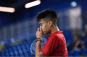 8 December 2017; A dejected Nhat Nguyen of Ireland after being defeated by Alexander Roovers of Germany during the men's singles final during the Badminton Irish Open finals in the National Indoor Arena in Dublin. Photo by Eóin Noonan/Sportsfile
