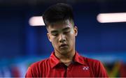 8 December 2017; A dejected Nhat Nguyen of Ireland after being defeated by Alexander Roovers of Germany during the men's singles final during the Badminton Irish Open finals in the National Indoor Arena in Dublin. Photo by Eóin Noonan/Sportsfile