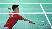 8 December 2017; Nhat Nguyen of Ireland in action against Alexander Roovers of Germany during the men's singles final during the Badminton Irish Open finals in the National Indoor Arena in Dublin. Photo by Eóin Noonan/Sportsfile
