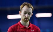 8 December 2017; A dejected Sam Magee of Ireland after being defeated by Jenny Moore and Gregory Mairs of England during the mixed doubles final at the Badminton Irish Open finals in the National Indoor Arena in Dublin. Photo by Eóin Noonan/Sportsfile