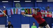 8 December 2017; Chloe Magee of Ireland in action against Jenny Moore and Gregory Mairs of England during the mixed doubles final during the Badminton Irish Open finals in the National Indoor Arena in Dublin. Photo by Eóin Noonan/Sportsfile