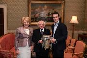 8 December 2017; Galway's Johnny Coen carrying the Liam MacCarthy Cup is welcomed by the President of Ireland Michael D Higgins and his wife Sabina during the GAA Hurling All-Ireland Senior & Minor Champions visit to Áras an Uachtaráin in Phoenix Park, Dublin. Photo by Stephen McCarthy/Sportsfile