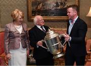 8 December 2017; Galway's Davy Glennon, carrying the Bob O'Keeffe Cup, is welcomed by the President of Ireland Michael D Higgins and his wife Sabina during the GAA Hurling All-Ireland Senior & Minor Champions visit to Áras an Uachtaráin in Phoenix Park, Dublin. Photo by Stephen McCarthy/Sportsfile