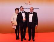 3 November 2017; Armagh hurler John Corvan, centre, with Anne and Liam Corvan after collecting his Nickey Rackard Champion 15 Award during the PwC All Stars 2017 at the Convention Centre in Dublin. Photo by Sam Barnes/Sportsfile