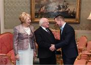 8 December 2017; Galway selector Francis Forde is welcomed by President of Ireland Michael D Higgins and his wife Sabina during the GAA Hurling All-Ireland Senior & Minor Champions visit to Áras an Uachtaráin in Phoenix Park, Dublin. Photo by Stephen McCarthy/Sportsfile
