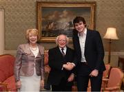 8 December 2017; Galway's Joseph Cooney is welcomed by the President of Ireland Michael D Higgins and his wife Sabina during the GAA Hurling All-Ireland Senior & Minor Champions visit to Áras an Uachtaráin in Phoenix Park, Dublin. Photo by Stephen McCarthy/Sportsfile