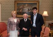 8 December 2017; Galway's Brian Flaherty is welcomed by the President of Ireland Michael D Higgins and his wife Sabina during the GAA Hurling All-Ireland Senior & Minor Champions visit to Áras an Uachtaráin in Phoenix Park, Dublin. Photo by Stephen McCarthy/Sportsfile