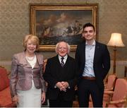 8 December 2017; Galway's Gavin Lally is welcomed by the President of Ireland Michael D Higgins and his wife Sabina during the GAA Hurling All-Ireland Senior & Minor Champions visit to Áras an Uachtaráin in Phoenix Park, Dublin. Photo by Stephen McCarthy/Sportsfile