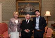 8 December 2017; Galway's Eanna Burke is welcomed by the President of Ireland Michael D Higgins and his wife Sabina during the GAA Hurling All-Ireland Senior & Minor Champions visit to Áras an Uachtaráin in Phoenix Park, Dublin. Photo by Stephen McCarthy/Sportsfile