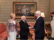 8 December 2017; Galway kit manager James 'Tex' Callaghan is welcomed by the President of Ireland Michael D Higgins and his wife Sabina during the GAA Hurling All-Ireland Senior & Minor Champions visit to Áras an Uachtaráin in Phoenix Park, Dublin. Photo by Stephen McCarthy/Sportsfile