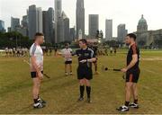 9 December 2017; Captain of the 2017  PwC All Star Team David Burke, right, referee Fergal Horgan and the captain of the 2016 PwC All Star Team Pádraic Maher before the PwC All Star Tour 2017 - All Star Hurling game at the Singapore Recreation Club, The Padang, in Singapore. Photo by Ray McManus/Sportsfile