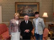 8 December 2017; Galway's Conor Fahy is welcomed by the President of Ireland Michael D Higgins and his wife Sabina during the GAA Hurling All-Ireland Senior & Minor Champions visit to Áras an Uachtaráin in Phoenix Park, Dublin. Photo by Stephen McCarthy/Sportsfile