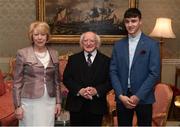 8 December 2017; Galway's Brendan Lynch is welcomed by the President of Ireland Michael D Higgins and his wife Sabina during the GAA Hurling All-Ireland Senior & Minor Champions visit to Áras an Uachtaráin in Phoenix Park, Dublin. Photo by Stephen McCarthy/Sportsfile