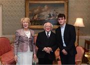 8 December 2017; Galway's Caimin Killeen is welcomed by the President of Ireland Michael D Higgins and his wife Sabina during the GAA Hurling All-Ireland Senior & Minor Champions visit to Áras an Uachtaráin in Phoenix Park, Dublin. Photo by Stephen McCarthy/Sportsfile