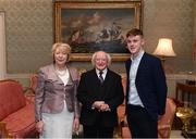 8 December 2017; Galway's Enda Fahy is welcomed by the President of Ireland Michael D Higgins and his wife Sabina during the GAA Hurling All-Ireland Senior & Minor Champions visit to Áras an Uachtaráin in Phoenix Park, Dublin. Photo by Stephen McCarthy/Sportsfile