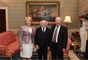 8 December 2017; Galway's Seamus Finnerty is welcomed by the President of Ireland Michael D Higgins and his wife Sabina during the GAA Hurling All-Ireland Senior & Minor Champions visit to Áras an Uachtaráin in Phoenix Park, Dublin. Photo by Stephen McCarthy/Sportsfile