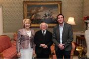 8 December 2017; Galway's Shane Cusack is welcomed by the President of Ireland Michael D Higgins and his wife Sabina during the GAA Hurling All-Ireland Senior & Minor Champions visit to Áras an Uachtaráin in Phoenix Park, Dublin. Photo by Stephen McCarthy/Sportsfile