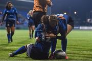 9 December 2017; Michelle Claffey of Leinster is congratulated by team mate Megan Williams after scoring her side's second try during the Women's Interprovincial Series match between Leinster and Connacht at Donnybrook Stadium in Dublin. Photo by David Fitzgerald/Sportsfile