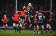 9 December 2017; Adam Thompstone of Leicester Tigers is tackled by Rhys Marshall of Munster during the European Rugby Champions Cup Pool 4 Round 3 match between Munster and Leicester Tigers at Thomond Park in Limerick. Photo by Stephen McCarthy/Sportsfile