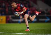 9 December 2017; Simon Zebo of Munster goes over to score his side's second try during the European Rugby Champions Cup Pool 4 Round 3 match between Munster and Leicester Tigers at Thomond Park in Limerick. Photo by Stephen McCarthy/Sportsfile