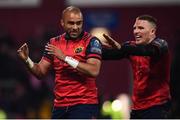 9 December 2017; Simon Zebo is congratulated by his Munster team-mate Andrew Conway, right, after scoring their second try during the European Rugby Champions Cup Pool 4 Round 3 match between Munster and Leicester Tigers at Thomond Park in Limerick. Photo by Stephen McCarthy/Sportsfile