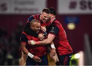 9 December 2017; Simon Zebo is congratulated by his Munster team-mate Andrew Conway and Jean Kleyn, right, after scoring their second try during the European Rugby Champions Cup Pool 4 Round 3 match between Munster and Leicester Tigers at Thomond Park in Limerick. Photo by Stephen McCarthy/Sportsfile