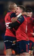 9 December 2017; Simon Zebo is congratulated by his Munster team-mate Ian Keatley, right, after scoring their second try during the European Rugby Champions Cup Pool 4 Round 3 match between Munster and Leicester Tigers at Thomond Park in Limerick. Photo by Stephen McCarthy/Sportsfile