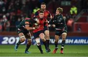 9 December 2017; Ian Keatley of Munster is tackled by Dom Barrow, left, and Mathew Tait of Leicester Tigers during the European Rugby Champions Cup Pool 4 Round 3 match between Munster and Leicester Tigers at Thomond Park in Limerick. Photo by Diarmuid Greene/Sportsfile