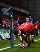 9 December 2017; Peter O'Mahony of Munster goes over to score his side's third try during the European Rugby Champions Cup Pool 4 Round 3 match between Munster and Leicester Tigers at Thomond Park in Limerick. Photo by Stephen McCarthy/Sportsfile