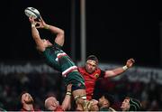 9 December 2017; Dom Barrow of Leicester Tigers wins possession in a lineout ahead of Billy Holland of Munster during the European Rugby Champions Cup Pool 4 Round 3 match between Munster and Leicester Tigers at Thomond Park in Limerick. Photo by Diarmuid Greene/Sportsfile