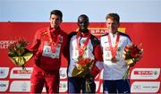 10 December 2017; Senior Men's medallists, from left, Adel Mechaal of Spain, silver, Kaan Kigen Özbilen of Turkey, gold and Andrew Butchart of Great Britain, bronze, following the Senior Men's event during the European Cross Country Championships 2017 at Samorin in Slovakia. Photo by Sam Barnes/Sportsfile