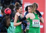 10 December 2017; Athletes, from left, Fian Sweeney, Fiona Everard and Stephanie Cotter of Ireland embrace after competing in the U20 Women's event during the European Cross Country Championships 2017 at Samorin in Slovakia. Photo by Sam Barnes/Sportsfile
