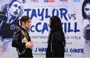 11 December 2017; Katie Taylor, left, and Jessica McCaskill square off following a press conference at the Courthouse Hotel, in Shoreditch, London, ahead of their WBA Lightweight World Title fight. Photo by Stephen McCarthy/Sportsfile
