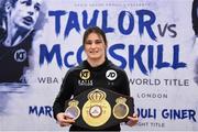 11 December 2017; Katie Taylor poses with her WBA Lightweight World Title following a press conference at the Courthouse Hotel, in Shoreditch, London, ahead of her fight against Jessica McCaskill. Photo by Stephen McCarthy/Sportsfile