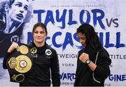 11 December 2017; Katie Taylor, left, and Jessica McCaskill square off following a press conference at the Courthouse Hotel, in Shoreditch, London, ahead of their WBA Lightweight World Title fight. Photo by Stephen McCarthy/Sportsfile