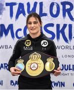 11 December 2017; Katie Taylor poses with her WBA Lightweight World Title following a press conference at the Courthouse Hotel, in Shoreditch, London, ahead of her fight against Jessica McCaskill. Photo by Stephen McCarthy/Sportsfile