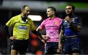10 December 2017; Team captains Gareth Steenson of Exeter Chiefs and Isa Nacewa of Leinster speak to Referee Romain Poite during the European Rugby Champions Cup Pool 3 Round 3 match between Exeter Chiefs and Leinster at Sandy Park in Exeter, England.  Photo by Brendan Moran/Sportsfile