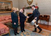 11 December 2017; Dublin football captain Stephen Cluxton is welcomed by the President of Ireland Michael D Higgins and his wife Sabina during the Dublin Senior Men's and Ladies Football squads visit to Áras an Uachtaráin in Phoenix Park, Dublin. Photo by Piaras Ó Mídheach/Sportsfile