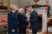 11 December 2017; Dublin football manager Jim Gavin is welcomed by the President of Ireland Michael D Higgins and his wife Sabina during the Dublin Senior Men's and Ladies Football squads visit to Áras an Uachtaráin in Phoenix Park, Dublin. Photo by Piaras Ó Mídheach/Sportsfile
