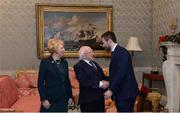 11 December 2017; Dublin's Jack McCaffrey is welcomed by the President of Ireland Michael D Higgins and his wife Sabina during the Dublin Senior Men's and Ladies Football squads visit to Áras an Uachtaráin in Phoenix Park, Dublin.  Photo by Piaras Ó Mídheach/Sportsfile