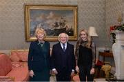 11 December 2017; Dublin's Anita O'Brien is welcomed by the President of Ireland Michael D Higgins and his wife Sabina during the Dublin Senior Men's and Ladies Football squads visit to Áras an Uachtaráin in Phoenix Park, Dublin. Photo by Piaras Ó Mídheach/Sportsfile