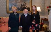 11 December 2017; Dublin's Ciara Trant is welcomed by the President of Ireland Michael D Higgins and his wife Sabina during the Dublin Senior Men's and Ladies Football squads visit to Áras an Uachtaráin in Phoenix Park, Dublin.  Photo by Piaras Ó Mídheach/Sportsfile