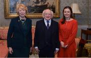 11 December 2017; Dublin's Kate Fitzgibbon is welcomed by the President of Ireland Michael D Higgins and his wife Sabina during the Dublin Senior Men's and Ladies Football squads visit to Áras an Uachtaráin in Phoenix Park, Dublin.  Photo by Piaras Ó Mídheach/Sportsfile