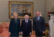 11 December 2017; Dublin backroom staff member John Courtney is welcomed by the President of Ireland Michael D Higgins and his wife Sabina during the Dublin Senior Men's and Ladies Football squads visit to Áras an Uachtaráin in Phoenix Park, Dublin. Photo by Piaras Ó Mídheach/Sportsfile
